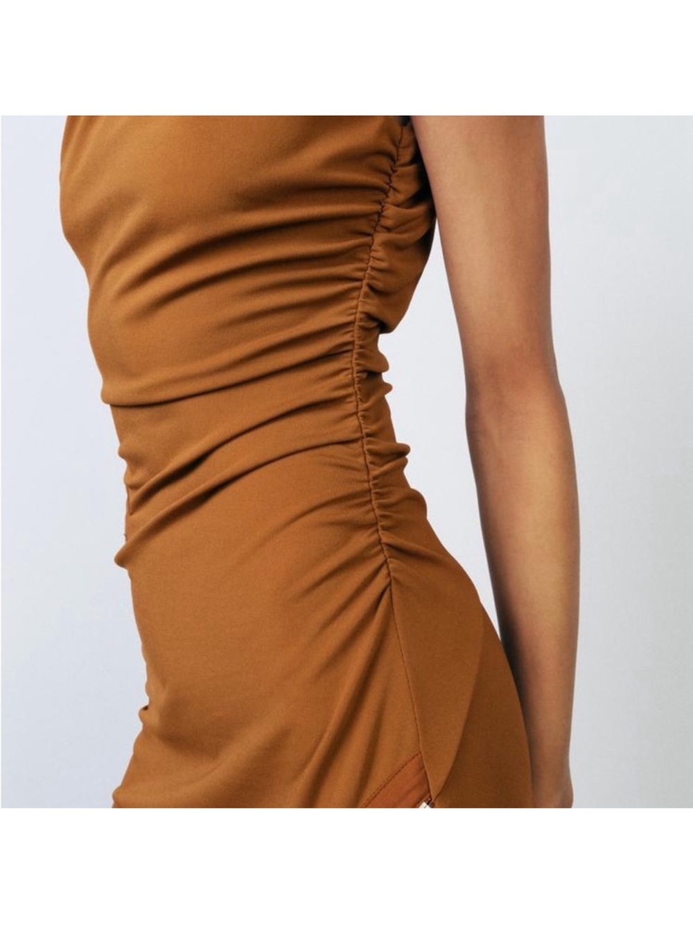 Zara Asymmetrical Brown One Shoulder Midi Dress with Zippers - Picture 4 of 8